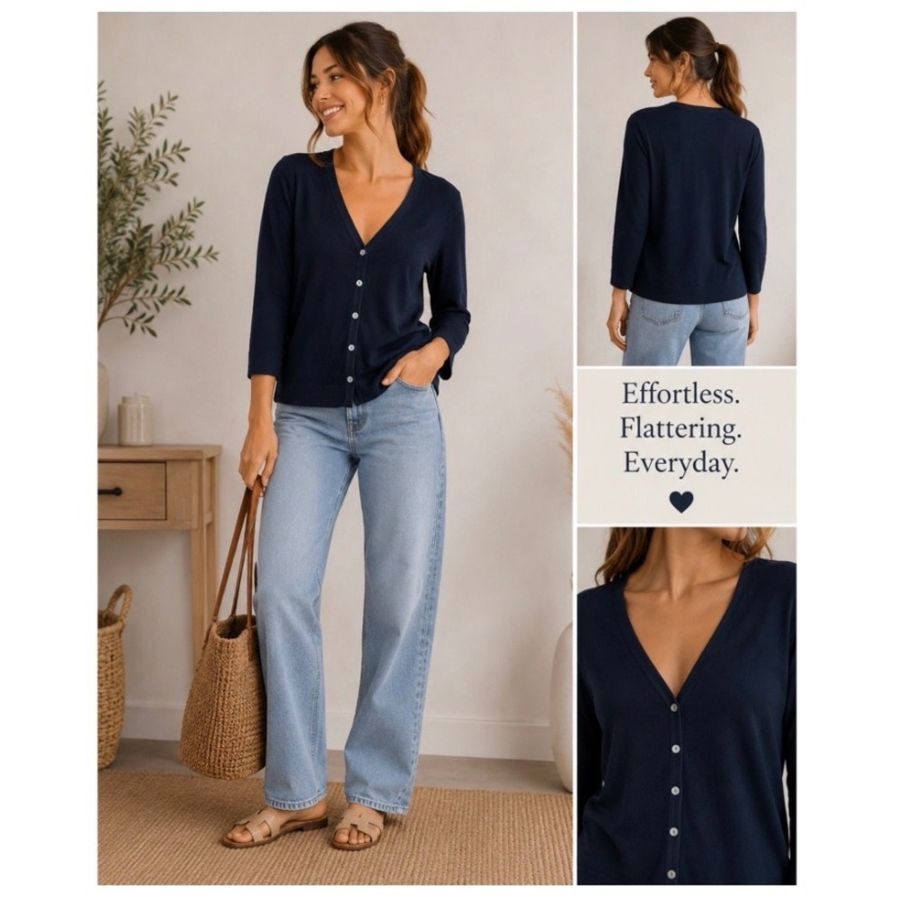 Talbots Petites Medium Navy Blue Pima Cotton Cardigan Sweater V Neck Button Down